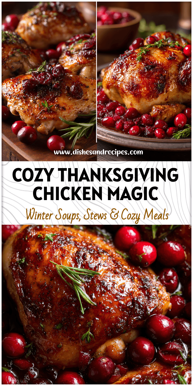 Golden roasted dark chicken with fresh cranberries served for a festive dinner feast.